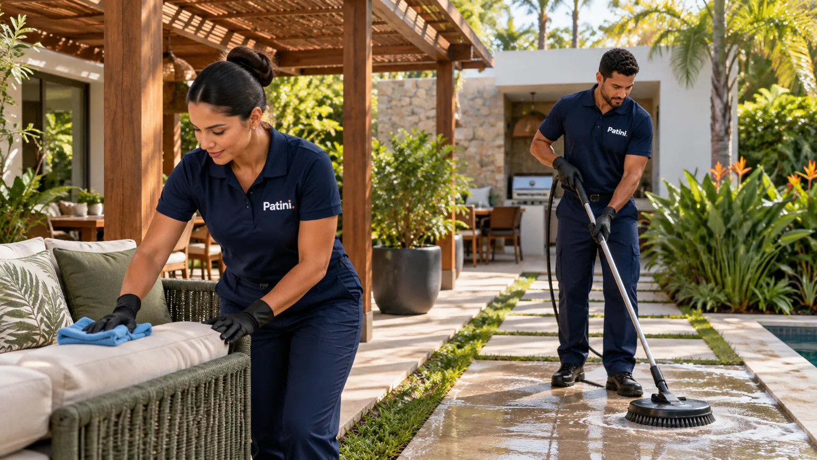Profissional da Patini higienizando um sofá em uma varanda gourmet