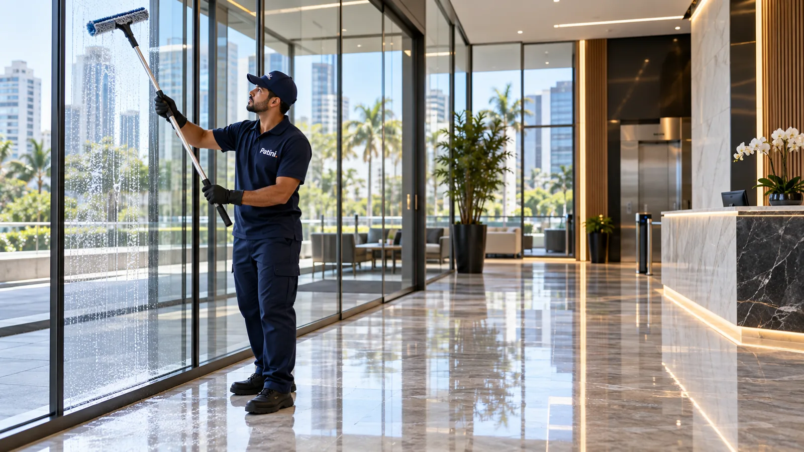 Profissional da Patini limpando os vidros de um saguão comercial com rodo