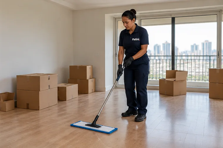 Profissional da Patini passando mop no piso de um apartamento vazio com caixas de mudança