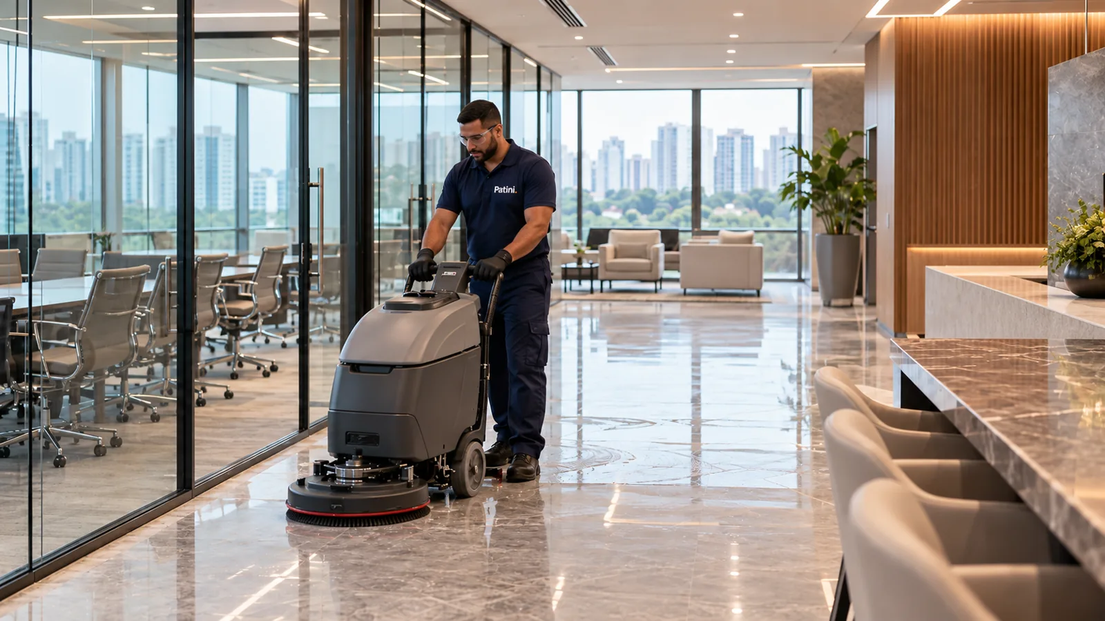 Profissional da Patini operando uma lavadora de piso em um escritório