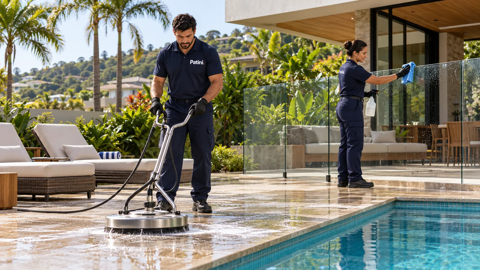 Profissionais da Patini limpando o piso e o vidro de uma área de piscina